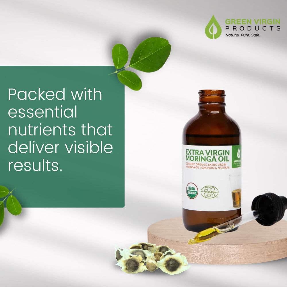 Green Virgin Products Moringa Oil portrait on skin demonstrating fast absorption and hydration.