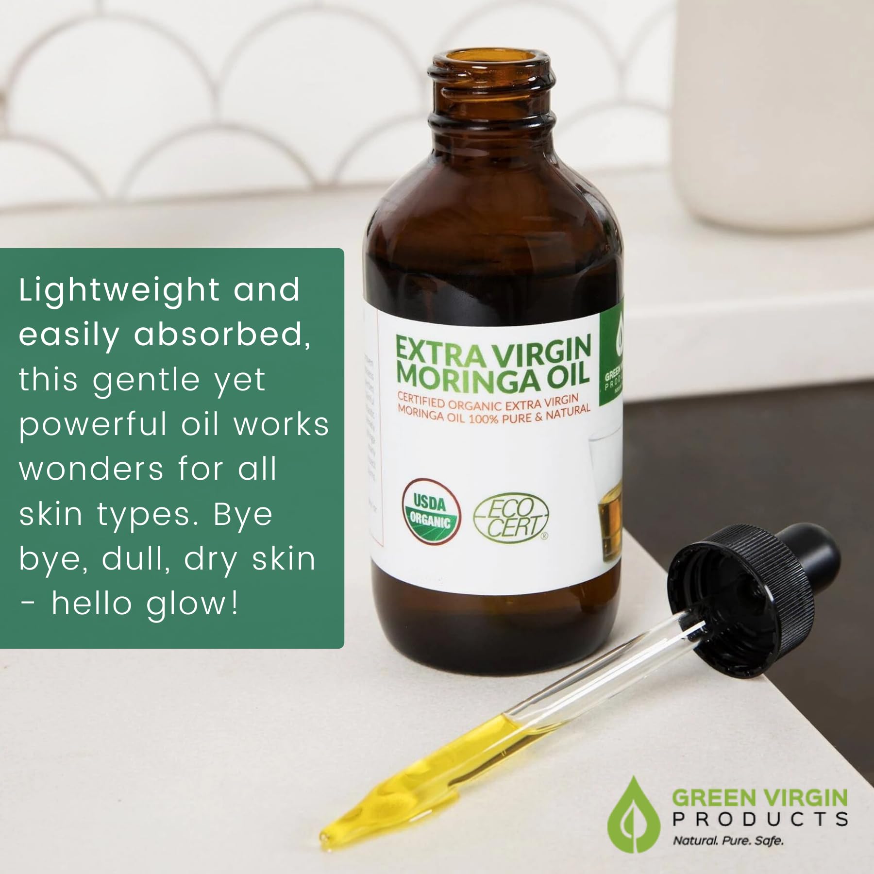 Green Virgin Products Moringa Oil in a daily skincare routine for gentle care.