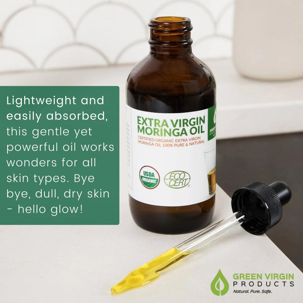 Green Virgin Products Moringa Oil in a daily skincare routine for gentle care.