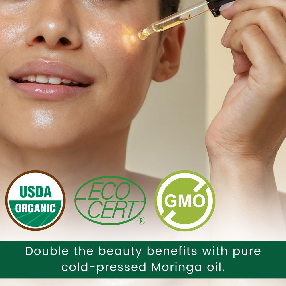 Green Virgin Products bottle beside natural ingredients signaling nourishing, versatile skin and hair use.
