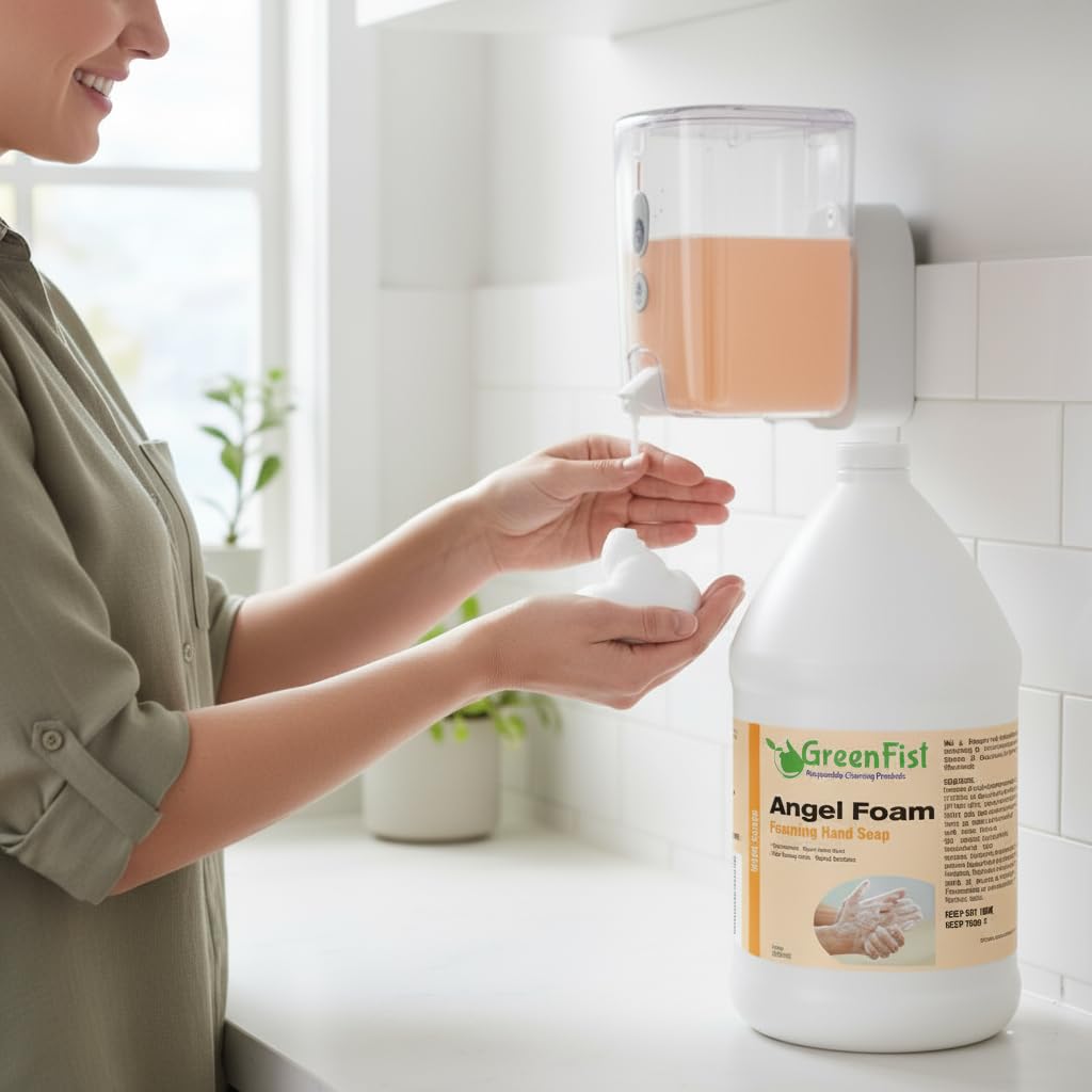 GreenFist foaming hand soap refill lemon gallon label indicates family-friendly formula