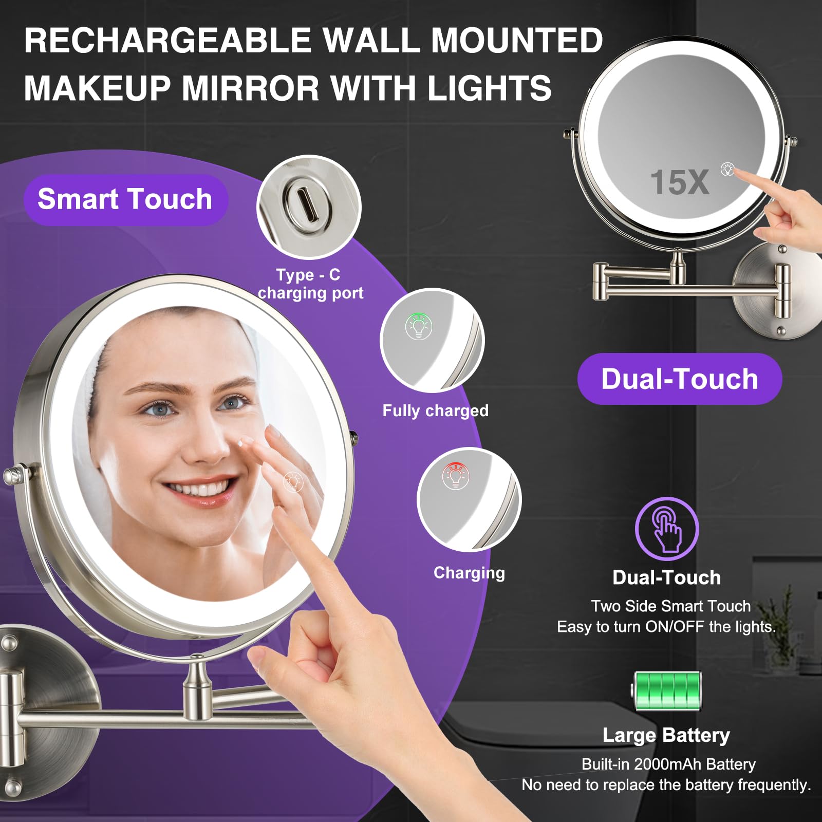 GreenFrom magnifying mirror in brushed nickel finish for modern bathroom decor.