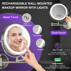 GreenFrom magnifying mirror in brushed nickel finish for modern bathroom decor.