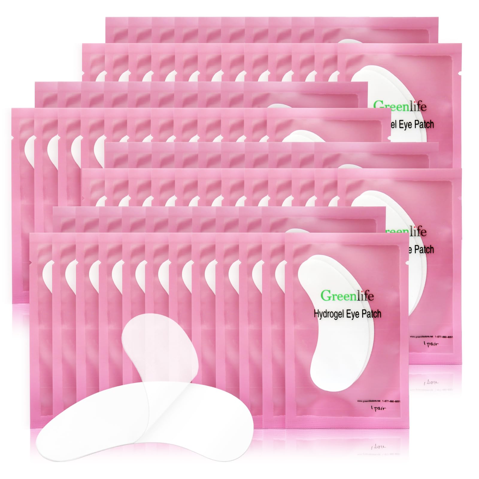 GreenLife under-eye gel pads packaging shows sterile foil packs for hygienic prep and quick salon use.