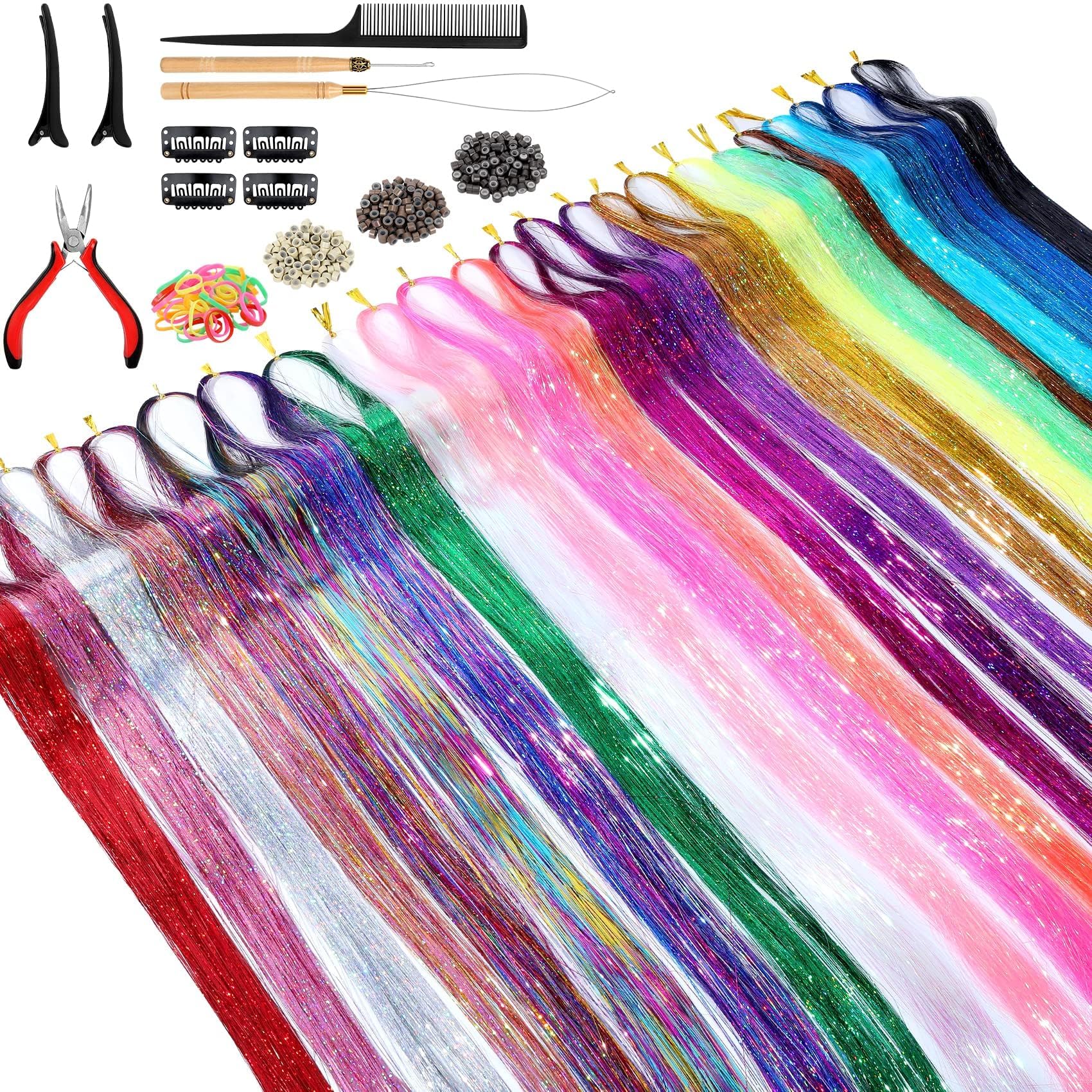 GrennMauler hair-tinsel-kit-contents shows tools for quick at-home extensions