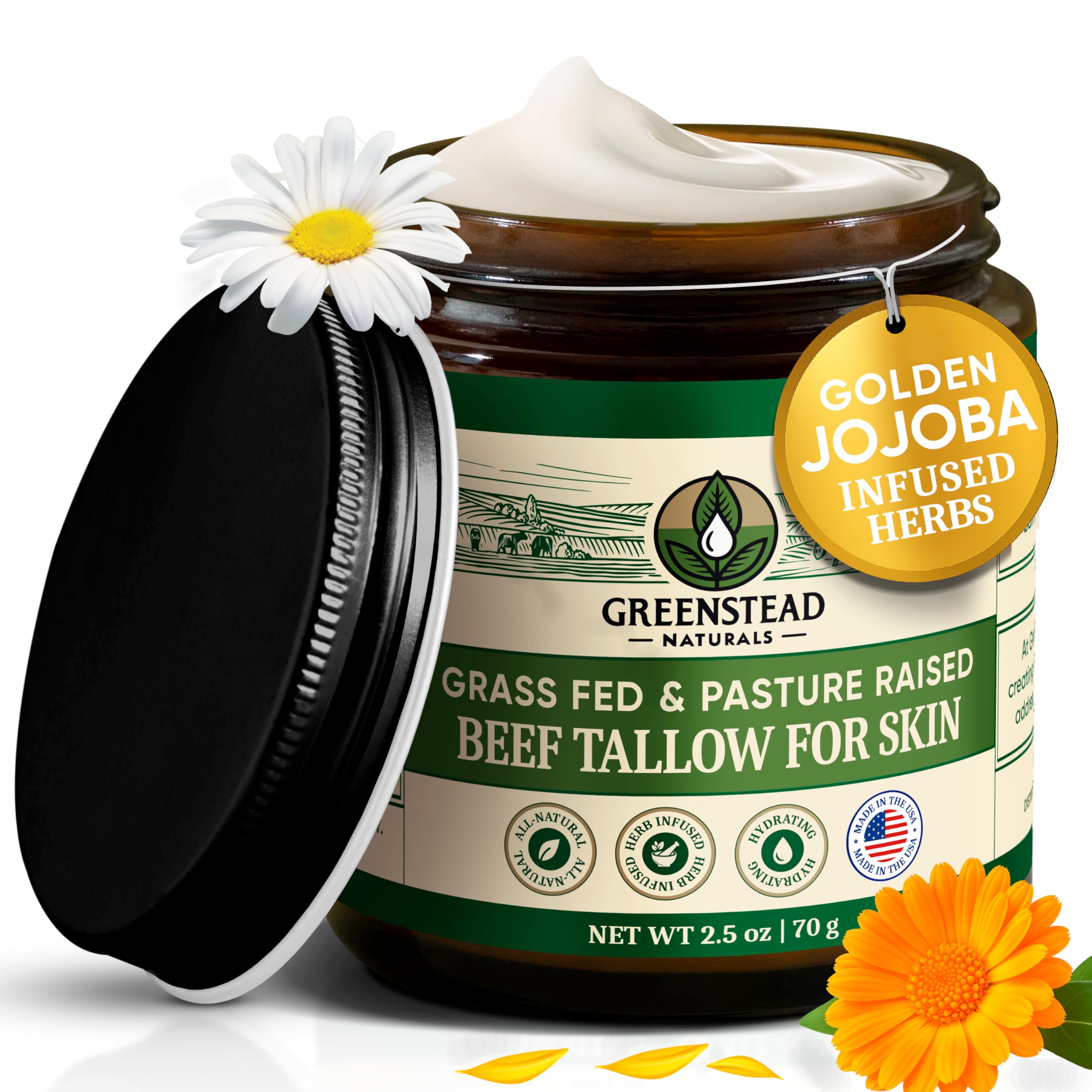 Greenstead Naturals beef tallow jar shows whipped balm texture for deep hydration.
