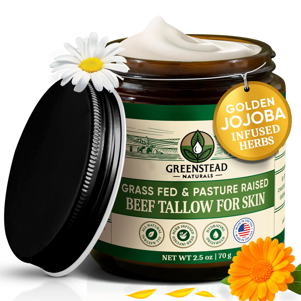 Greenstead Naturals beef tallow jar shows whipped balm texture for deep hydration.