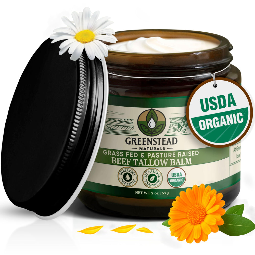 Greenstead Naturals organic beef tallow face jar closeup with earthy herb infusion for gentle hydration