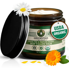 Greenstead Naturals organic beef tallow face jar closeup with earthy herb infusion for gentle hydration