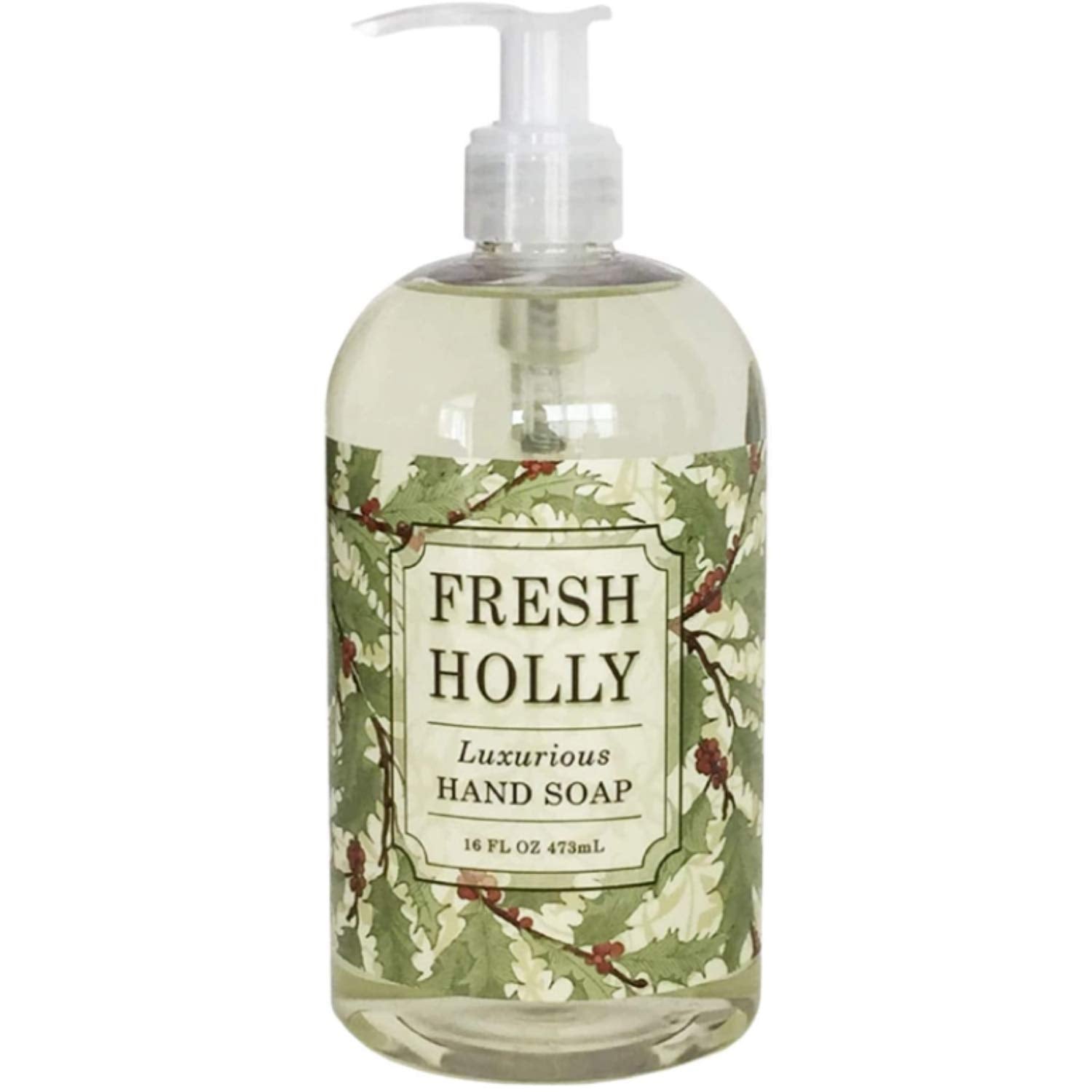 Greenwich Bay Fresh Holly Hand Soap bottle with shea butter and eucalyptus for soft hands.