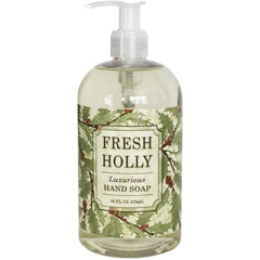 Greenwich Bay Fresh Holly Hand Soap bottle with shea butter and eucalyptus for soft hands.
