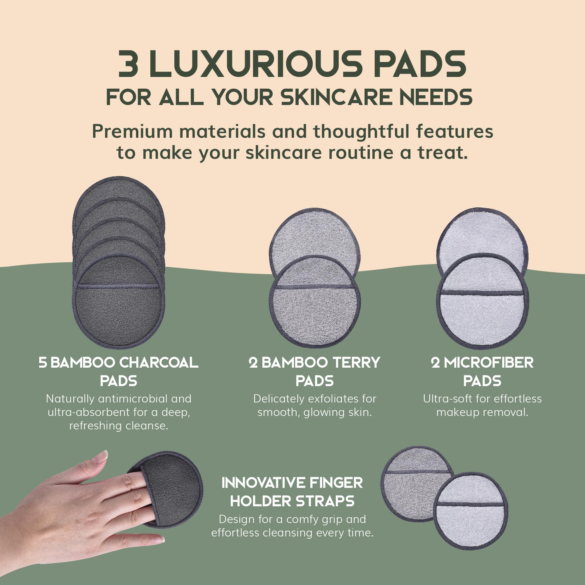 Greenzla bamboo charcoal pad offers gentle exfoliation during cleansing.