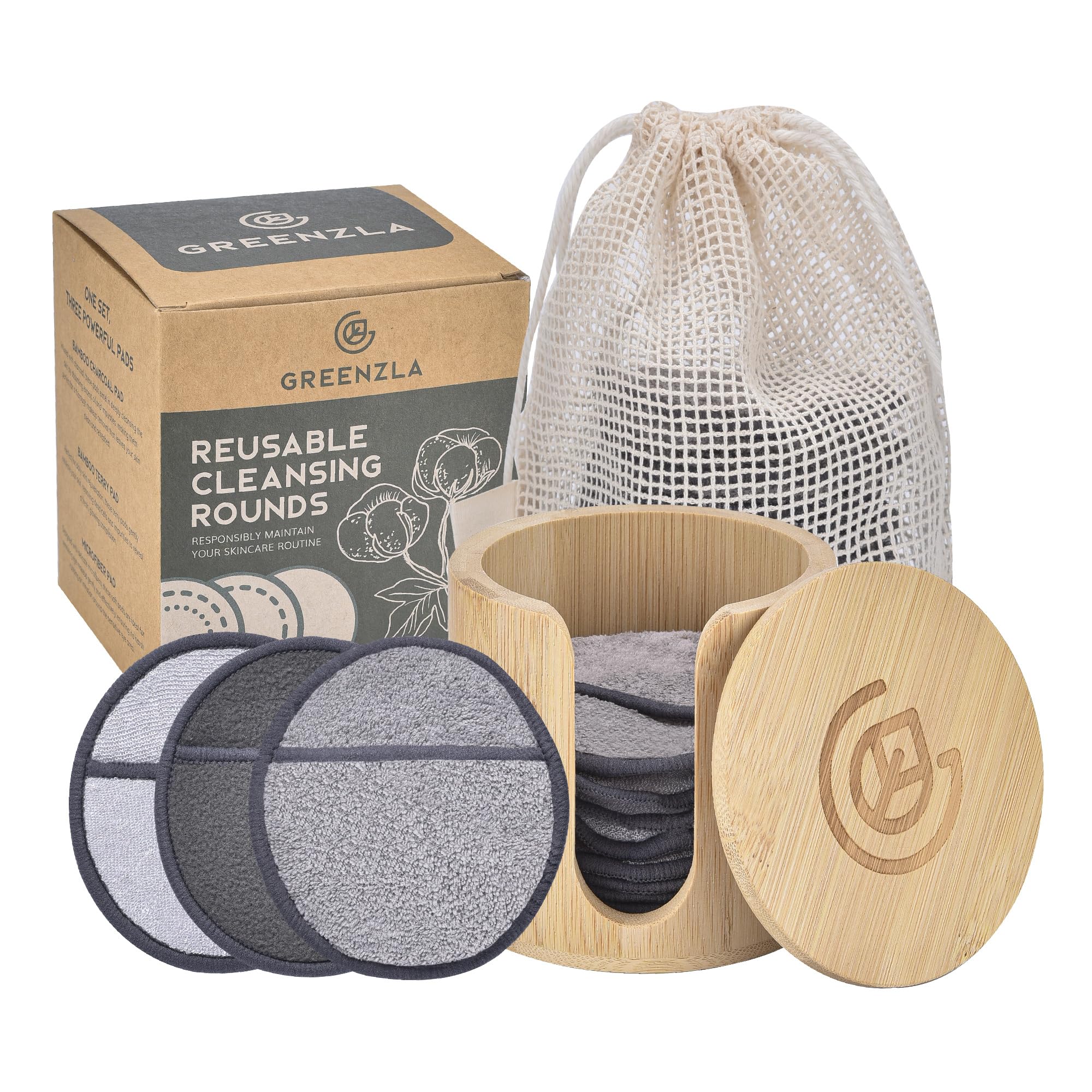 Greenzla reusable makeup remover pads pack with microfiber and bamboo options for gentle cleansing.