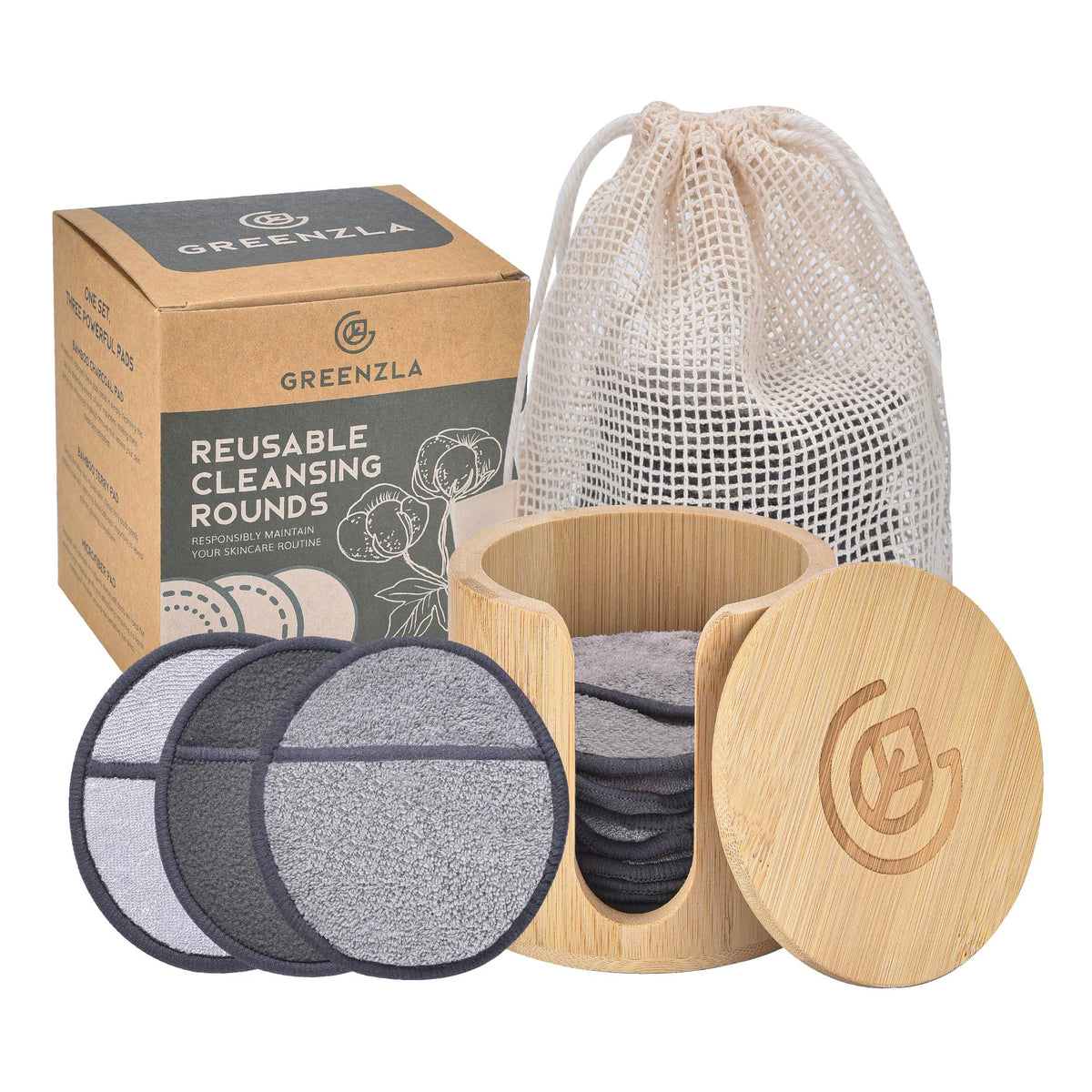 Greenzla reusable makeup remover pads pack with microfiber and bamboo options for gentle cleansing.