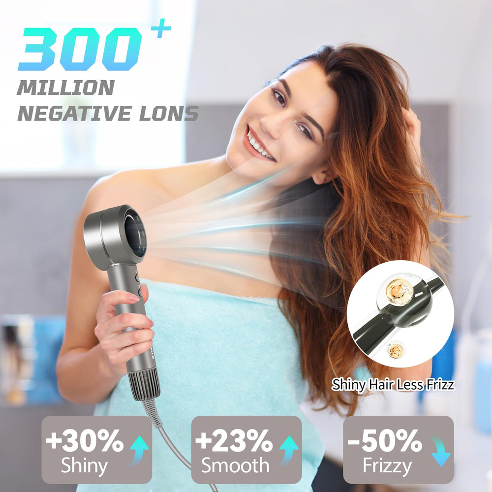 Grente hair dryer with 3 speeds and 4 heat settings to tailor styling.