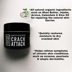 Greyfeather Crack Attack Hand Cream closeup on dry skin showing smoothing feel.