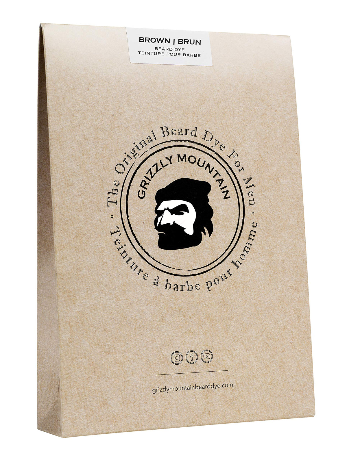 Grizzly Mountain Beard Dye brown powder pack for natural color enhancement.