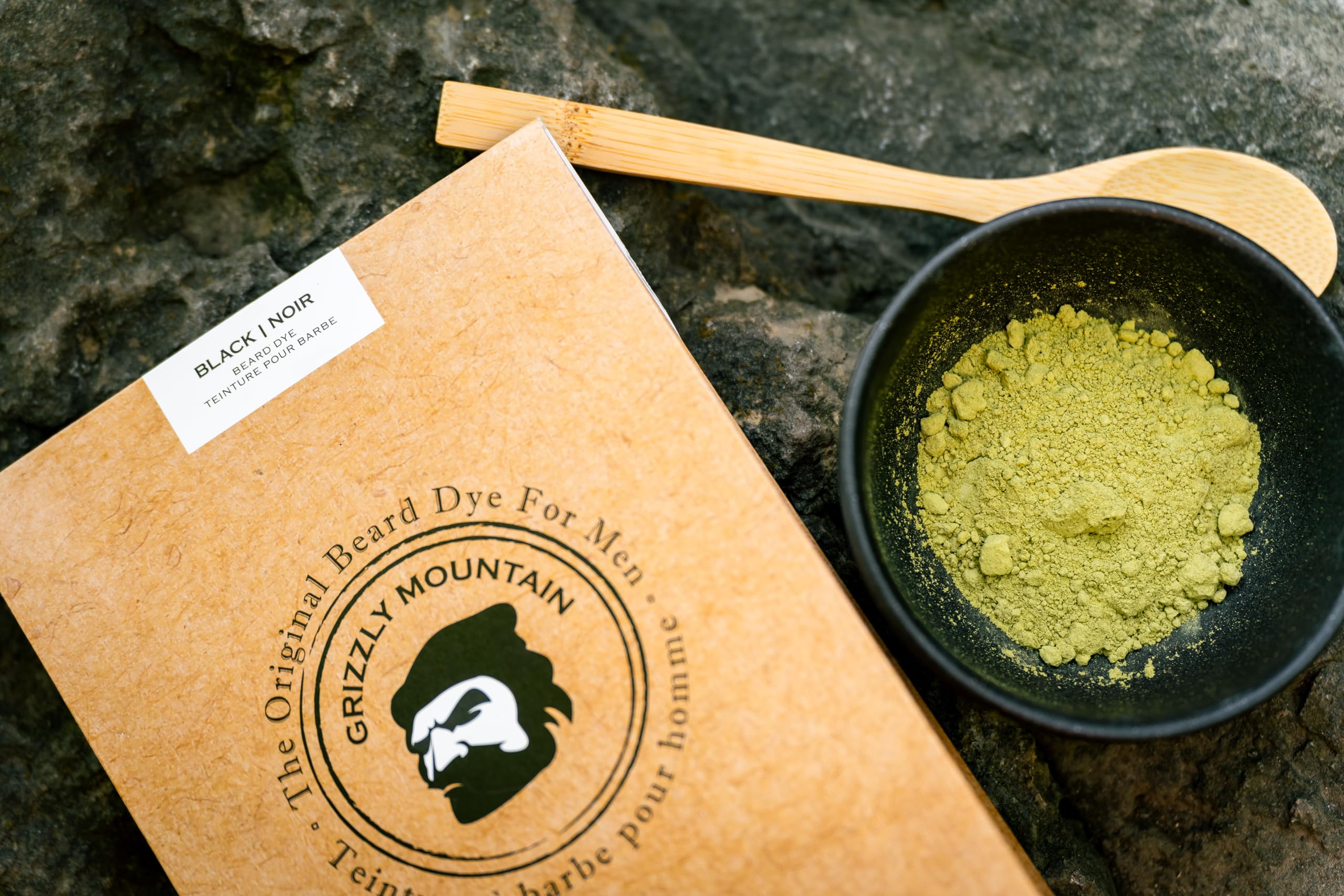 Grizzly Mountain Beard Dye packaging front emphasizes hypoallergenic, natural color.