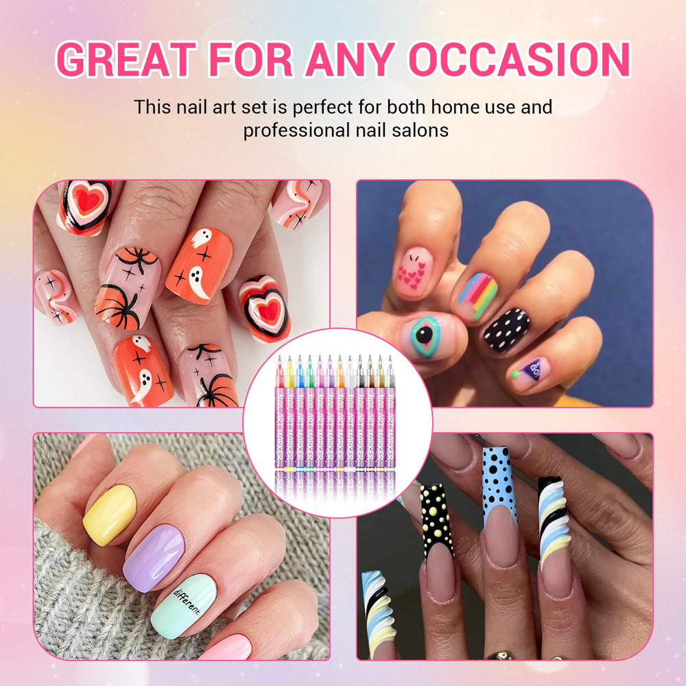 GRKZBKW 12-color nail art pens DIY-nail-art-setup illustrates versatile design possibilities.