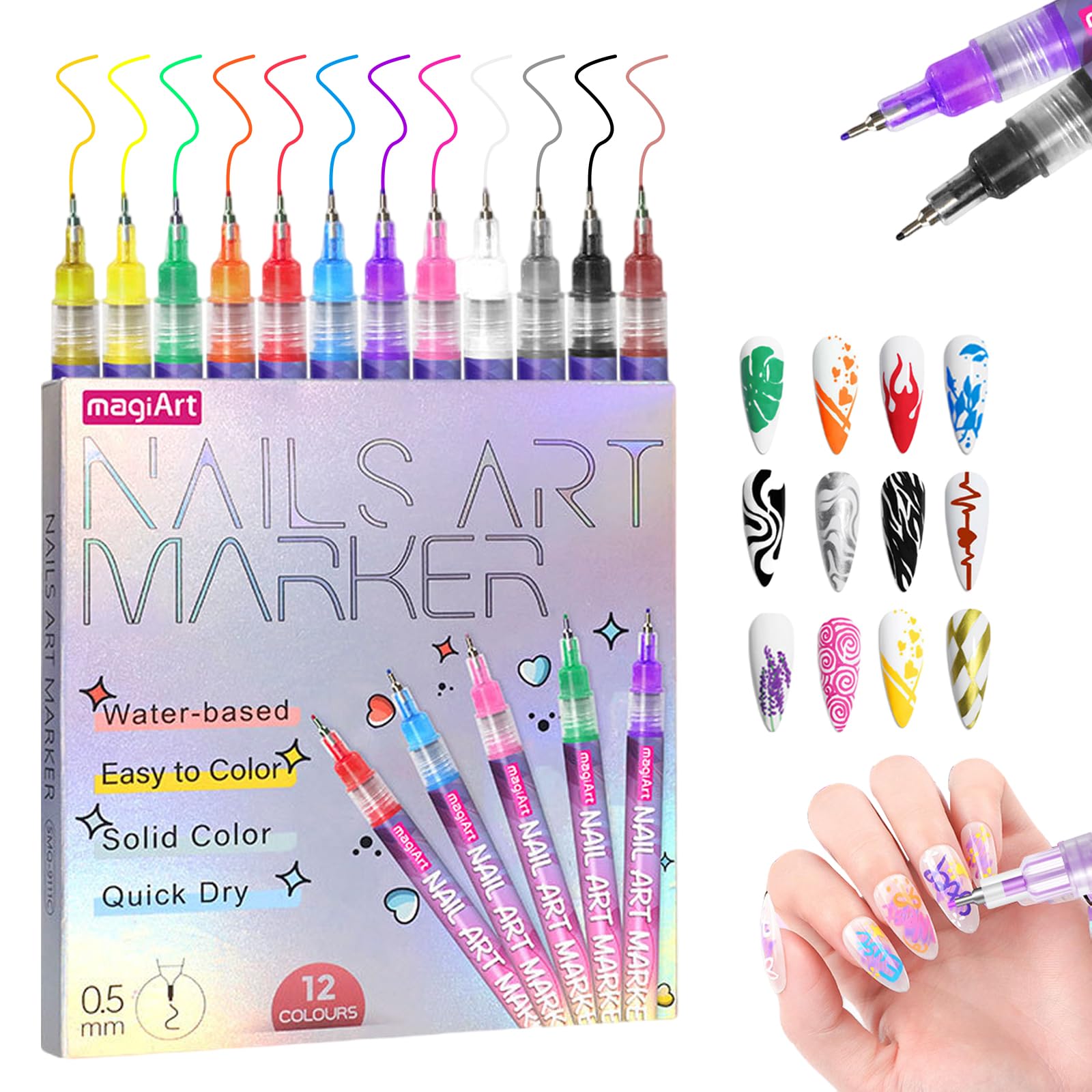 GRKZBKW 12-color nail art pens close-up shows precise 0.5mm tip for detailed designs.
