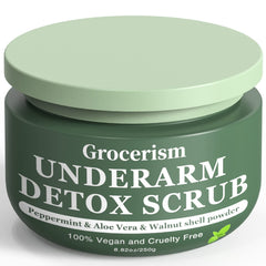 Grocerism Armpit Detox Scrub walnut-shell exfoliation aids deodorant buildup removal and odor control.