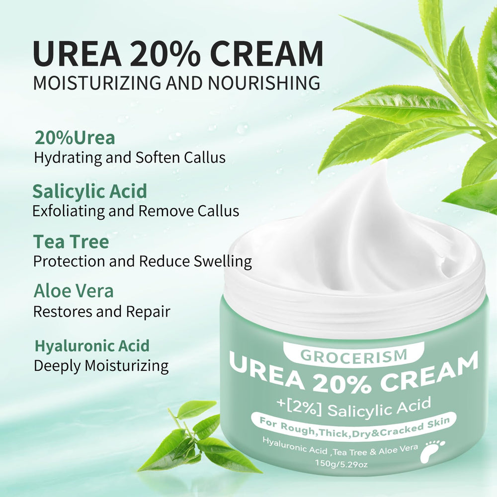 Grocerism Urea Cream 20% feet care shows softened heel areas.