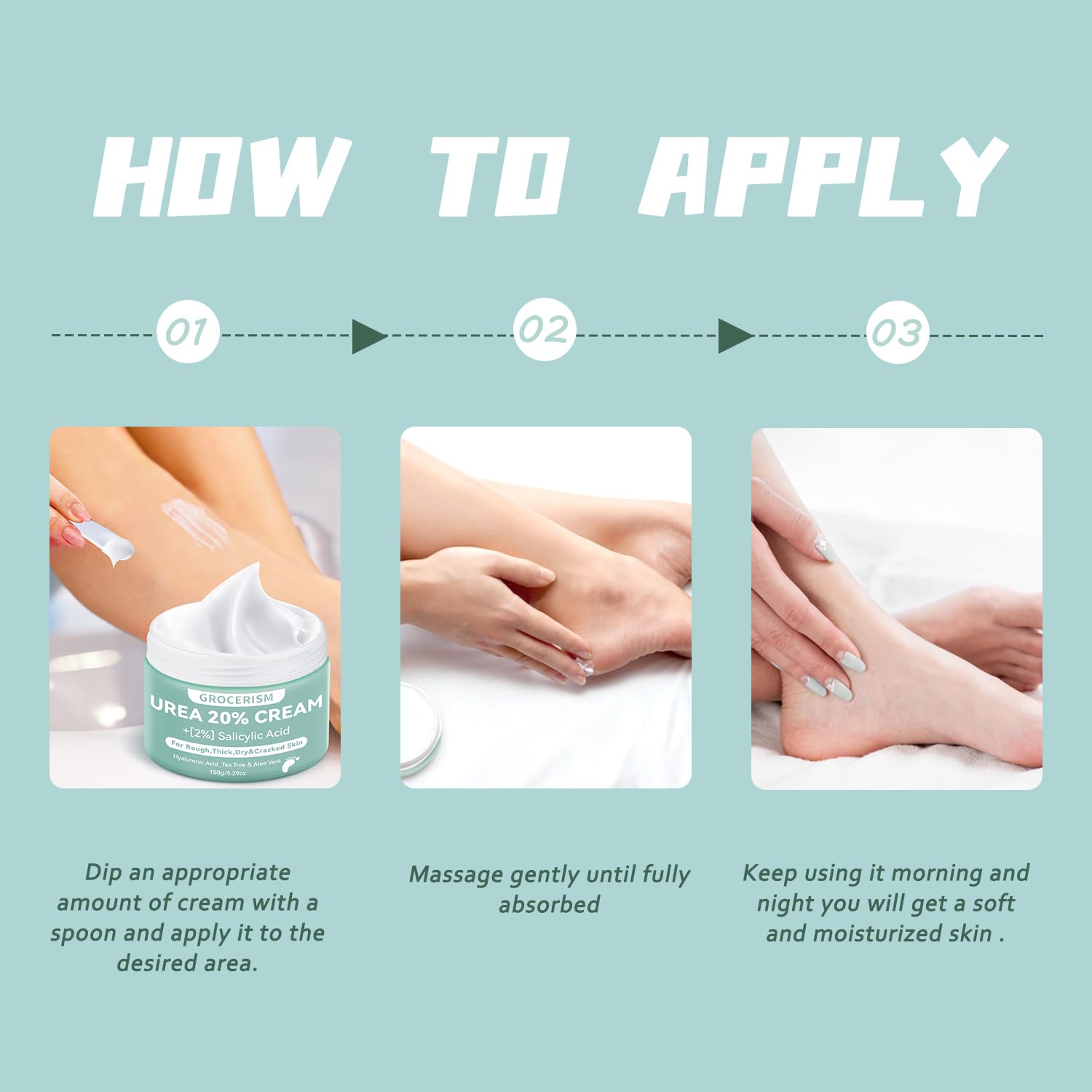 Grocerism Urea Cream 20% hands application demonstrates quick absorption.