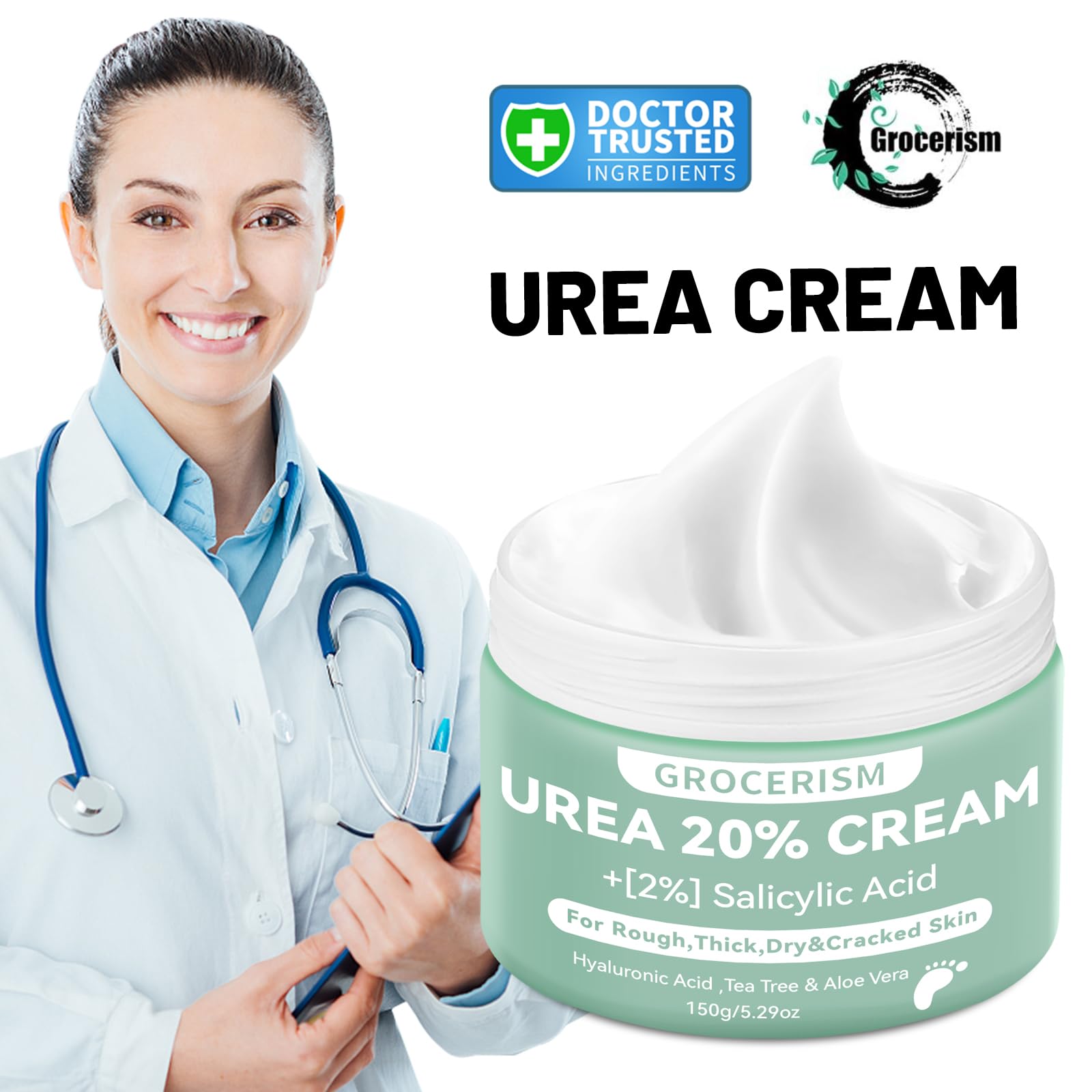 Grocerism Urea Cream 20% label highlights key actives and usage.