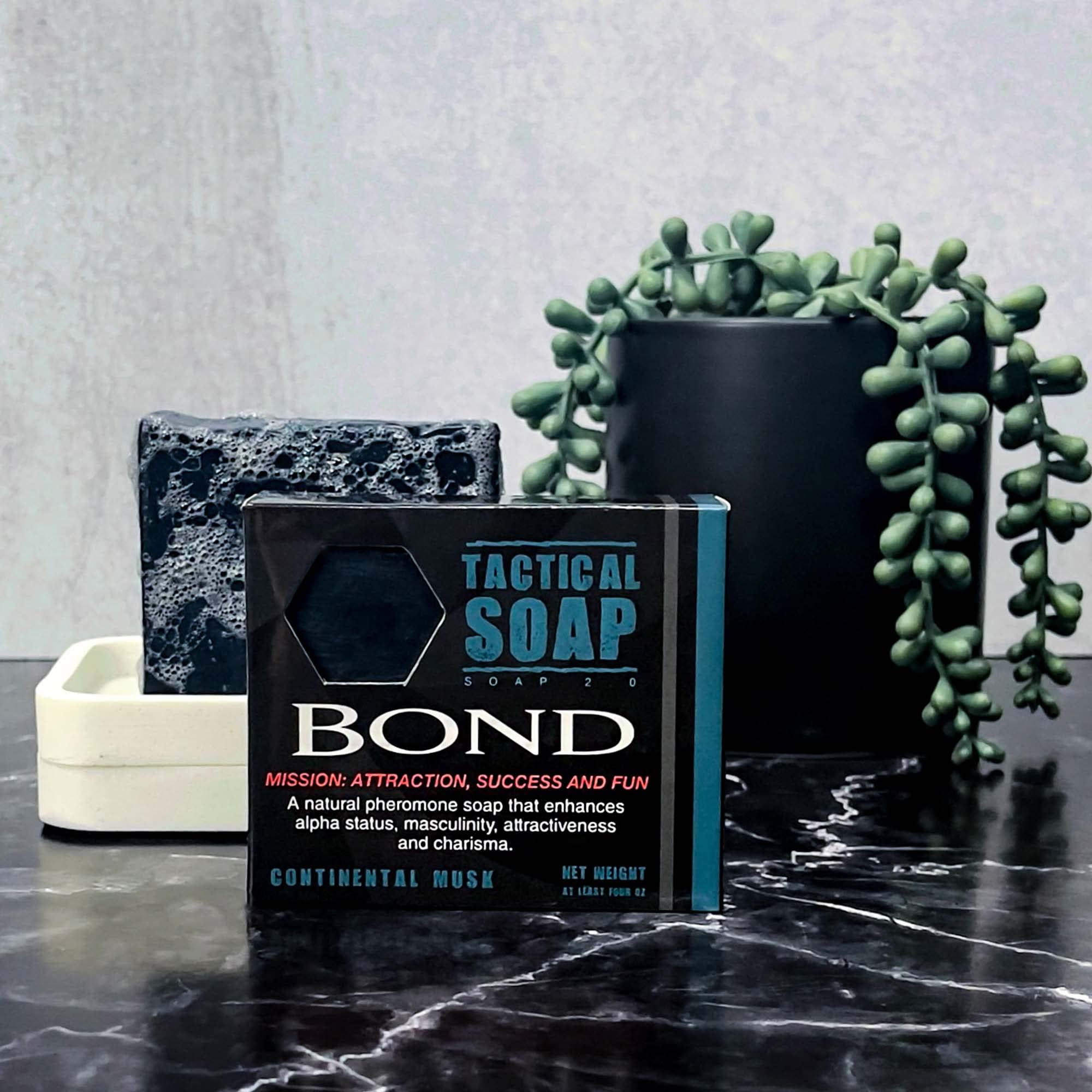 Grondyke Tactical Soap exfoliating-suds highlights skin-softening lather.