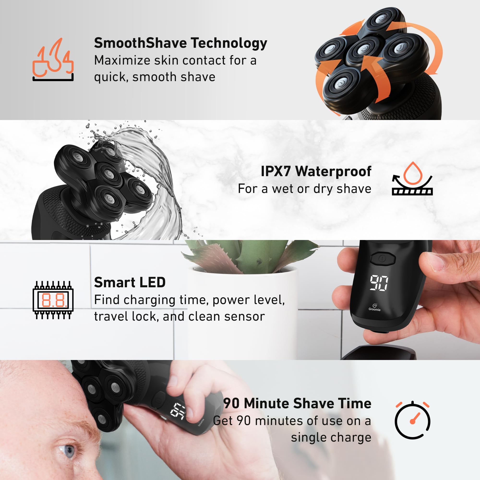 Groomie BaldiePro ergonomic handle provides stable control during head grooming