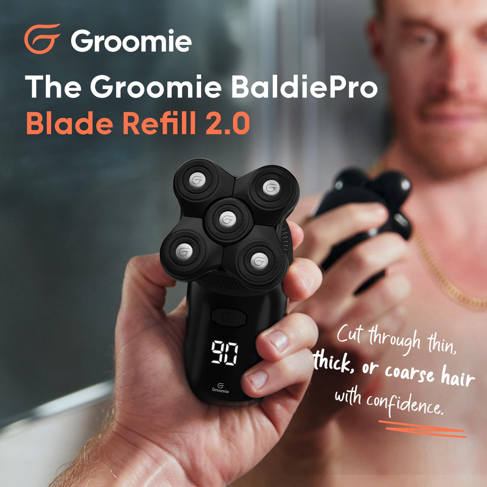 Groomie BaldiePro head shaver closeup shows smooth, comfortable contours
