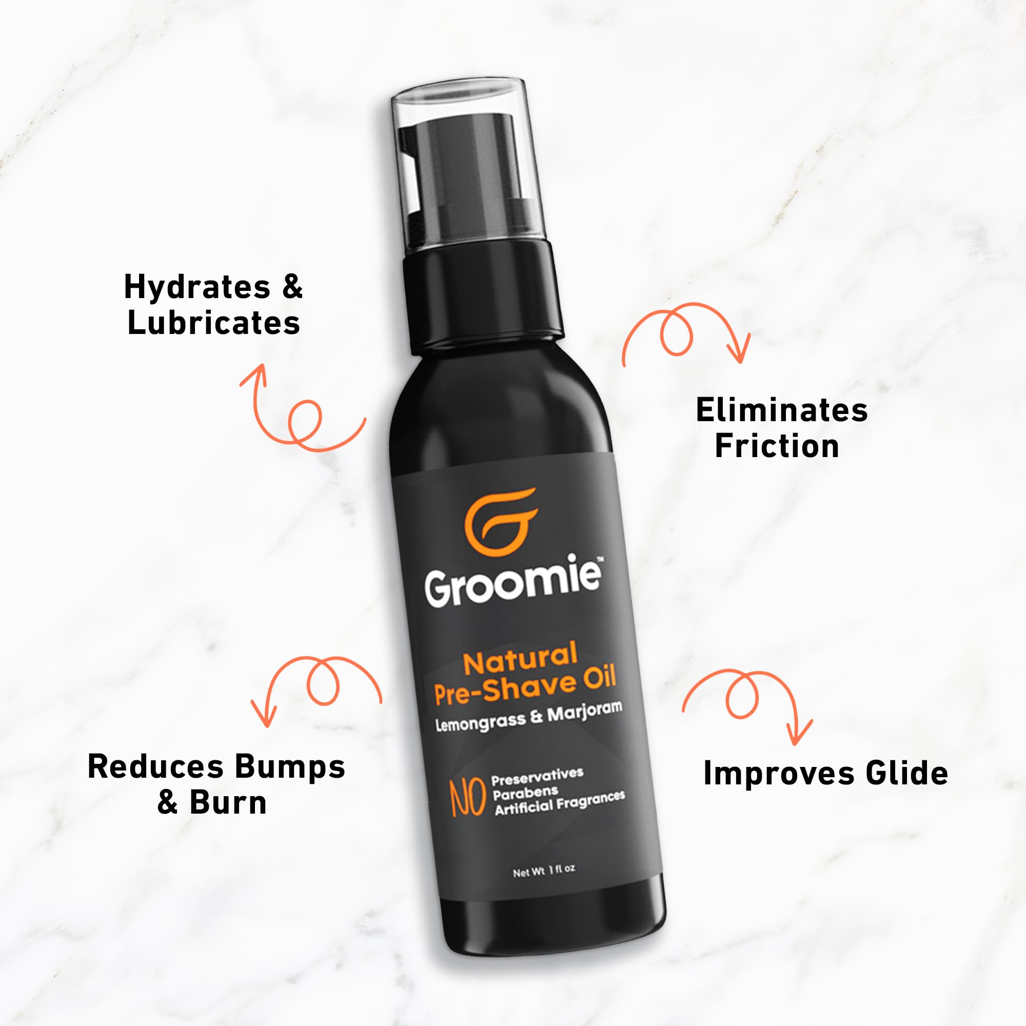 Groomie essential oils like lemongrass and marjoram for refreshing prep.