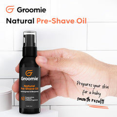 Groomie pre-shave oil with milk thistle nourishes skin before shaving.