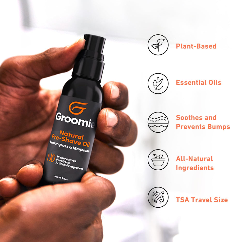 Groomie 1oz travel-size bottle fits on-the-go grooming kit.
