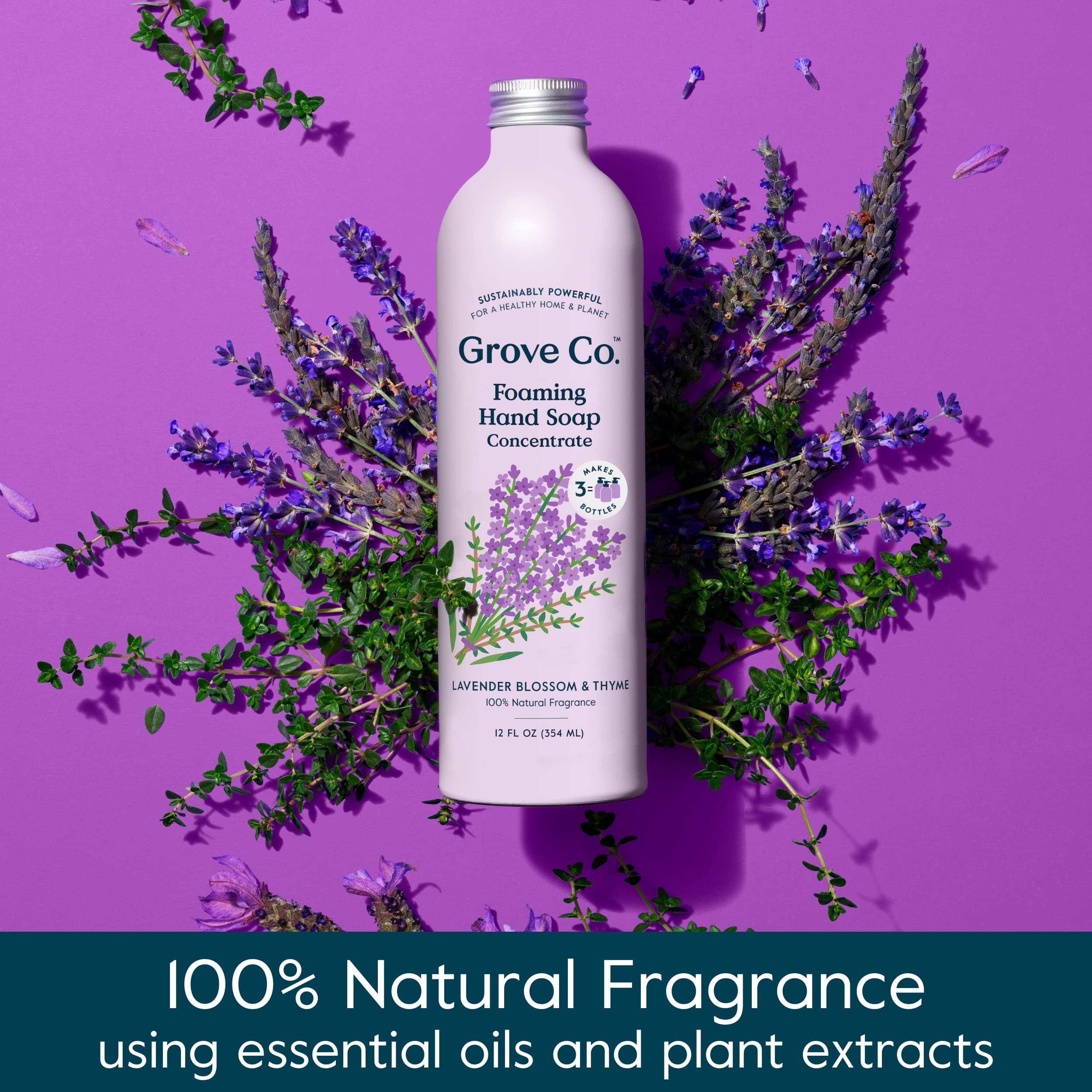 Grove Co. hydrating foaming refill close-up emphasizing aloe vera for softer hands.