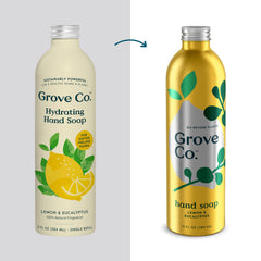 Grove Co. Hydrating Gel Hand Soap Refill Box front emphasizes sustainable packaging and generous size.