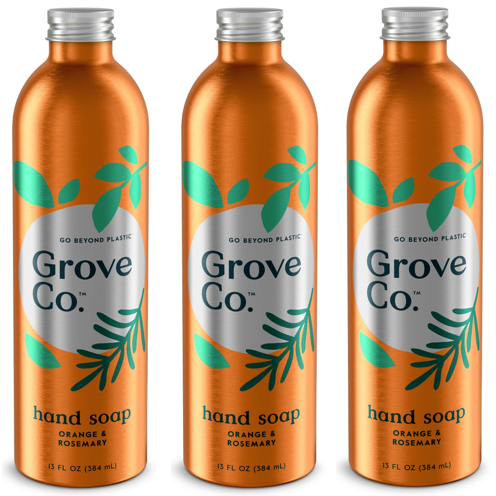 Grove Co hydrating hand soap refill in aluminum can reduces plastic waste.