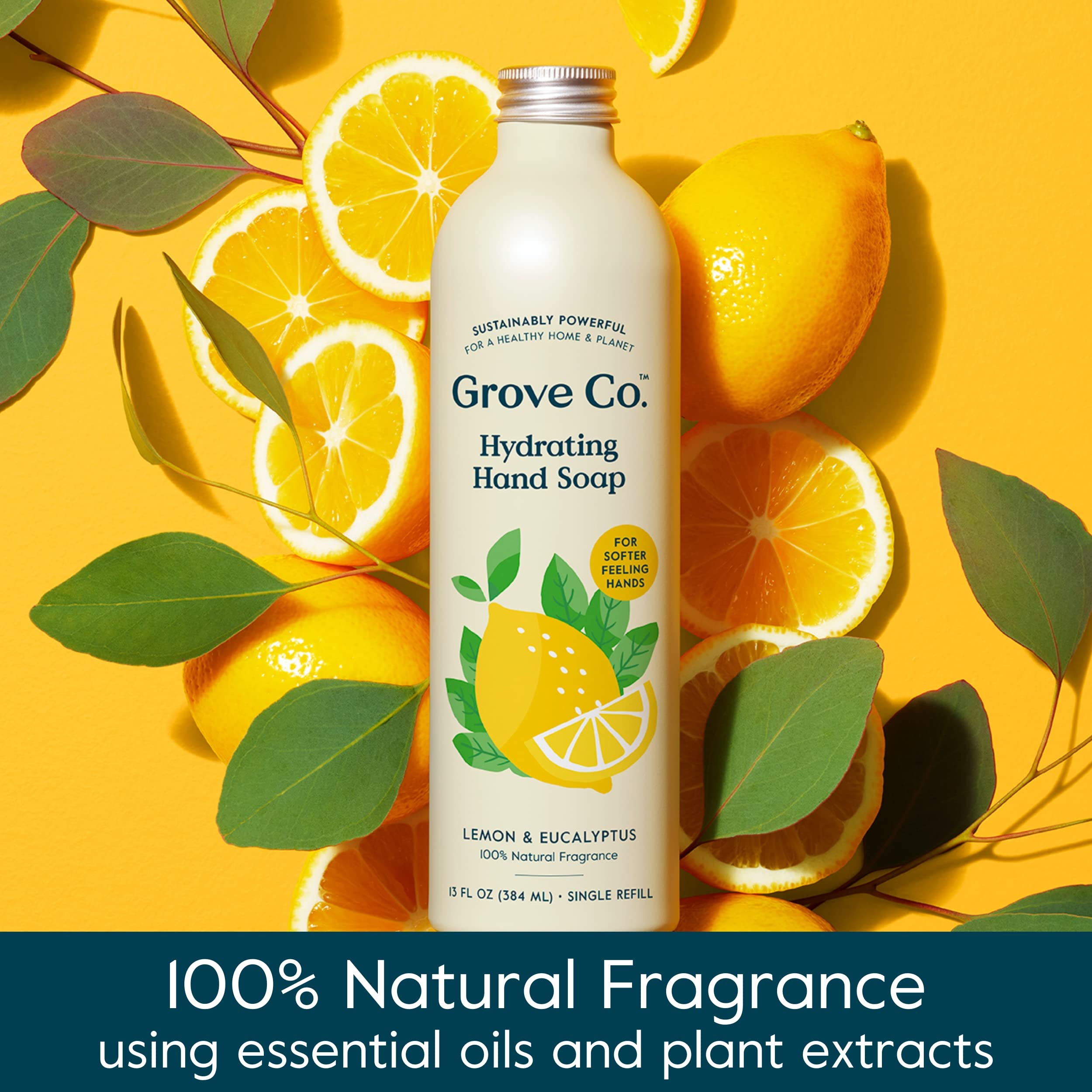 Grove Co. Lemon Eucalyptus fragrance drops convey fresh, natural scent for daily handwashing rituals.