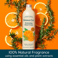 Grove Co orange rosemary fragrance bottle emphasizes natural scent for refreshed hands.