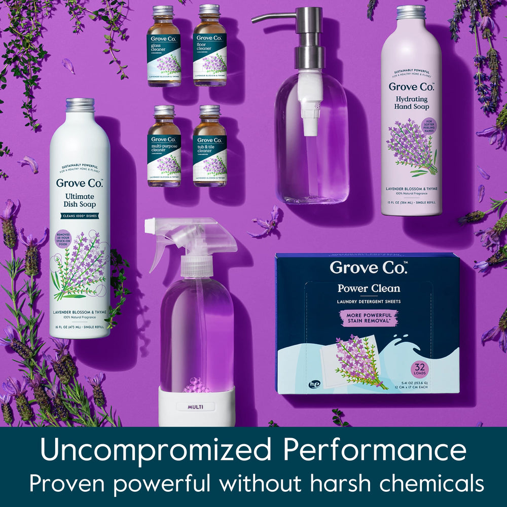 Grove Co. aluminum refill can shows plastic-free packaging for responsible home care.