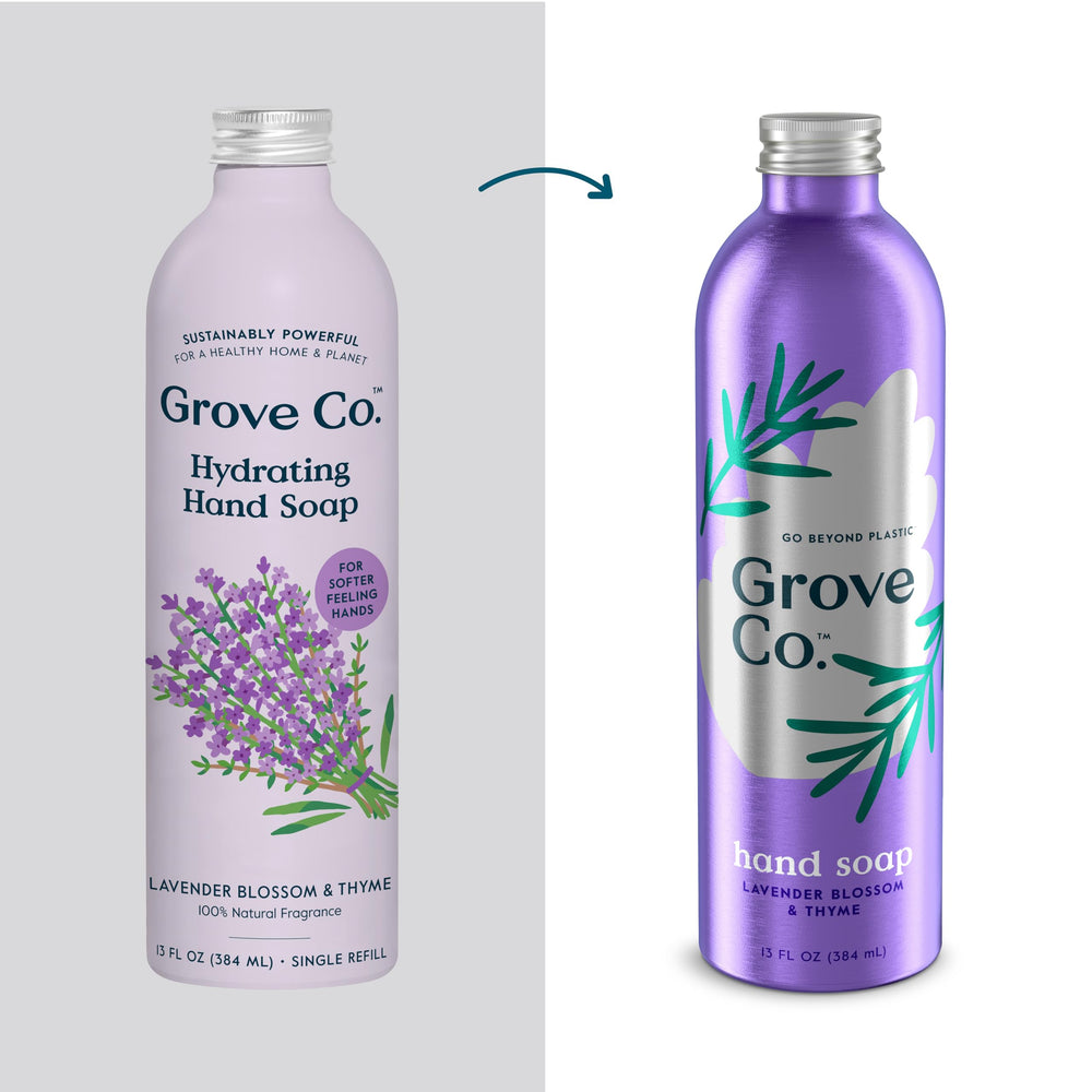 Grove Co plastic-free refill bottles showcase eco-friendly packaging and reuse potential.