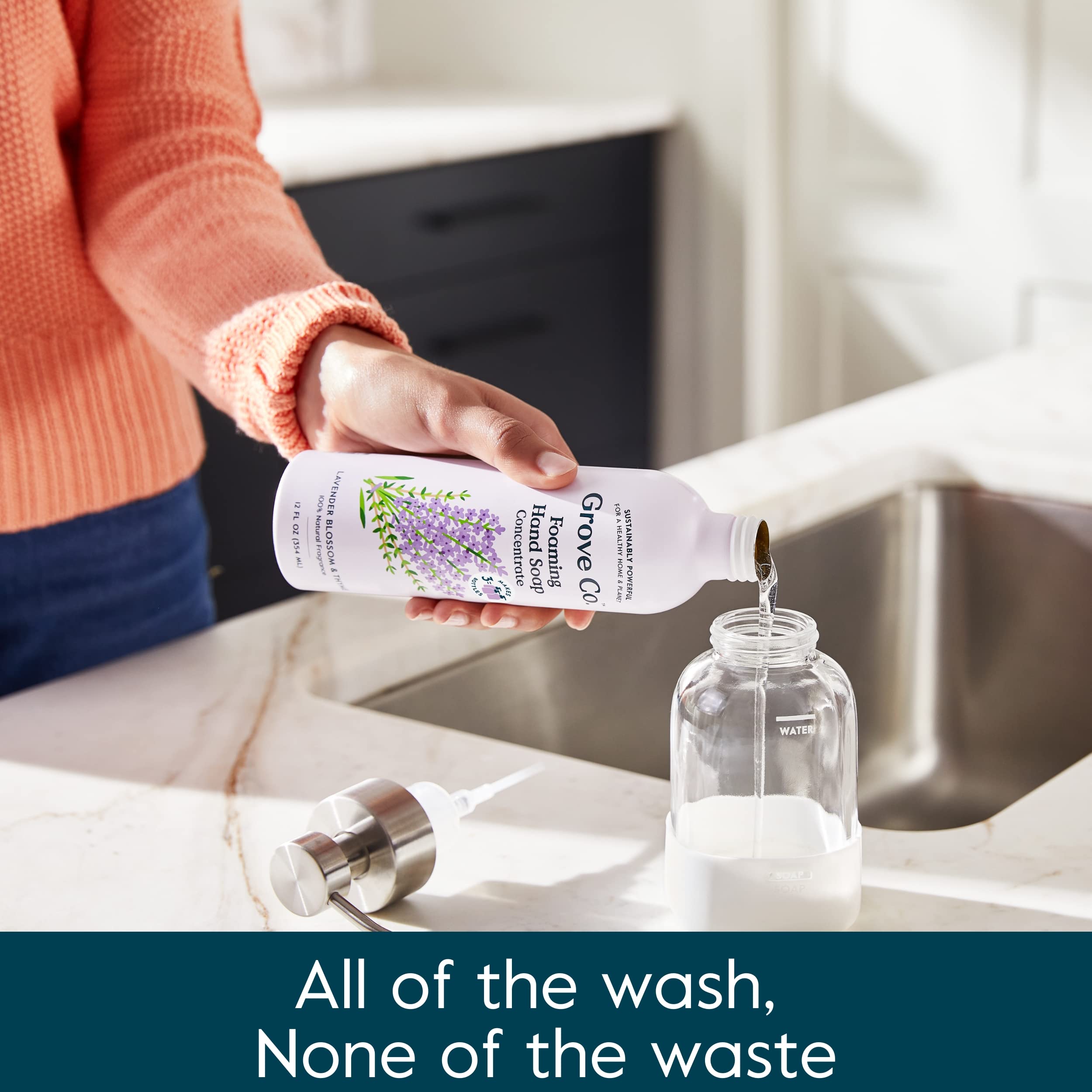 Grove Co. reusable dispenser with refill demonstrates eco-friendly handwashing experience.