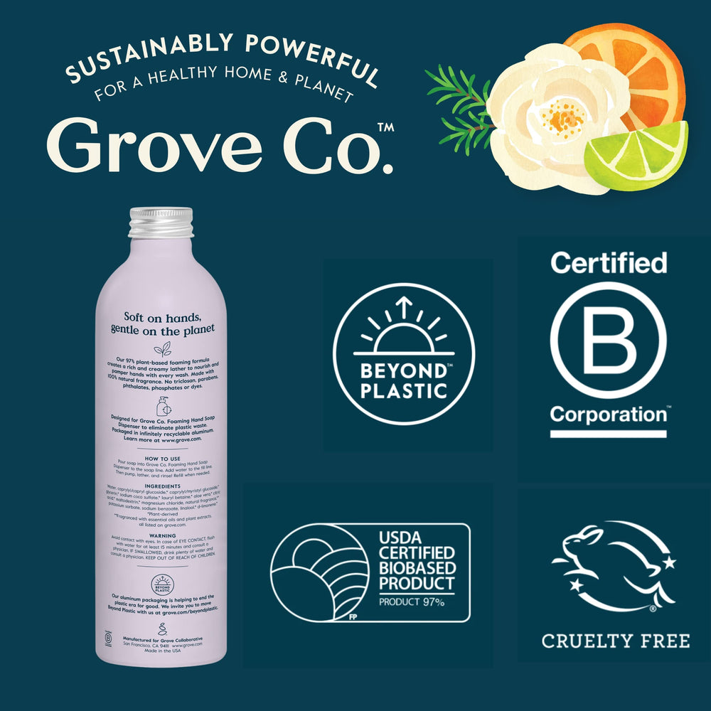 Grove Co. refill with essential oils visual cues suggesting spa-like aromatherapy in daily routine.