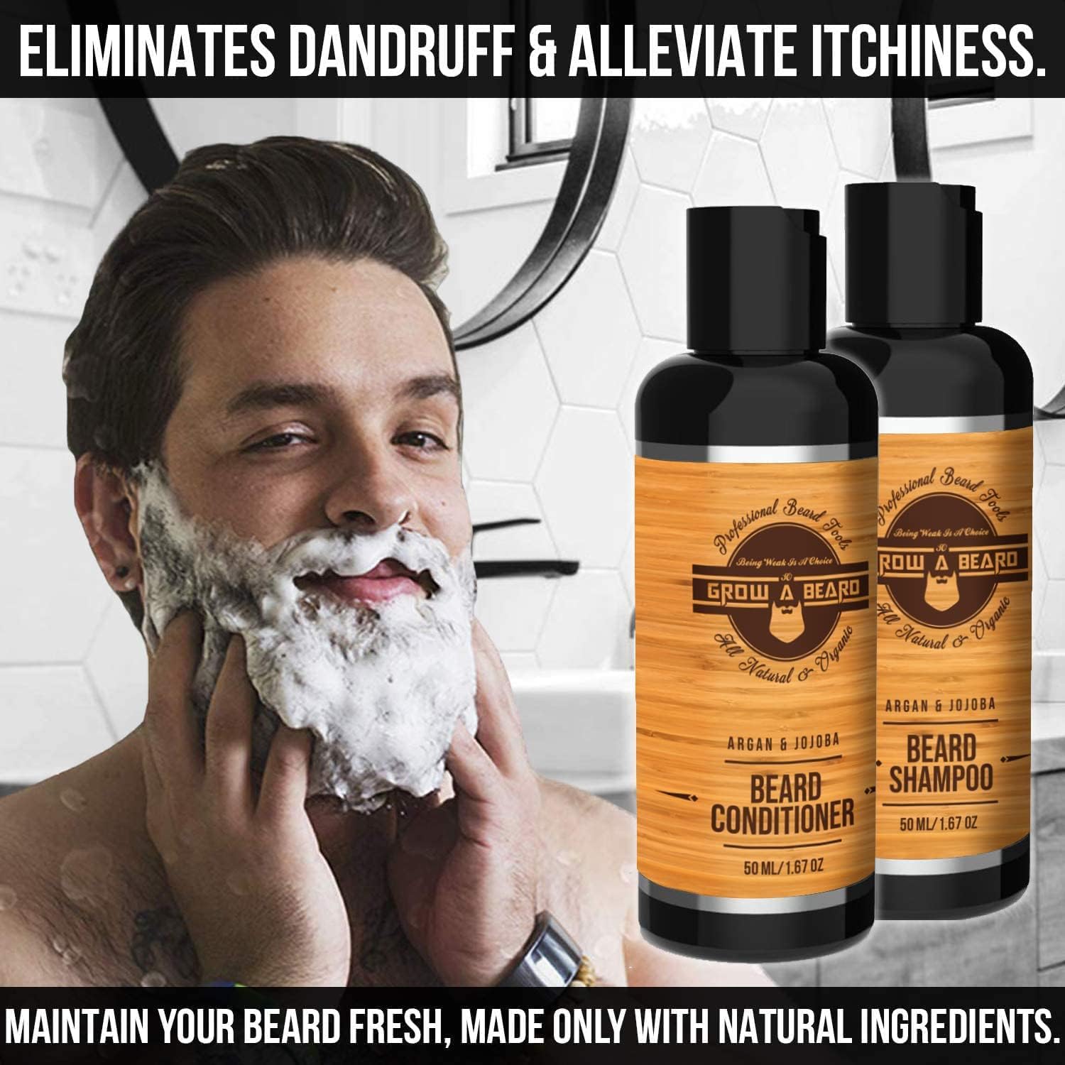 GROW ALPHA BEARD beard brush and comb laid out for even styling
