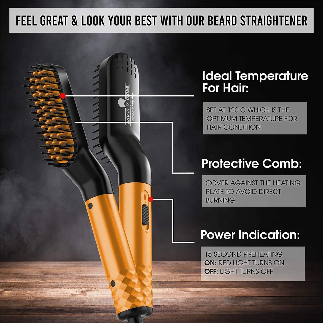 GROW ALPHA BEARD heated comb in use to tame a frizzy beard while traveling