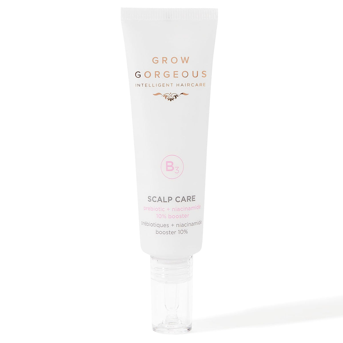 Grow Gorgeous booster bottle front view showing label and volumizing benefit