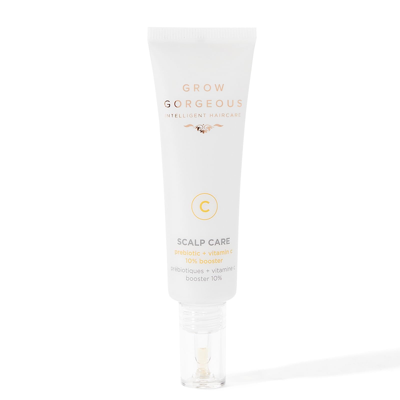 Grow Gorgeous scalp booster front packaging showing bottle and label for energizing scalp care