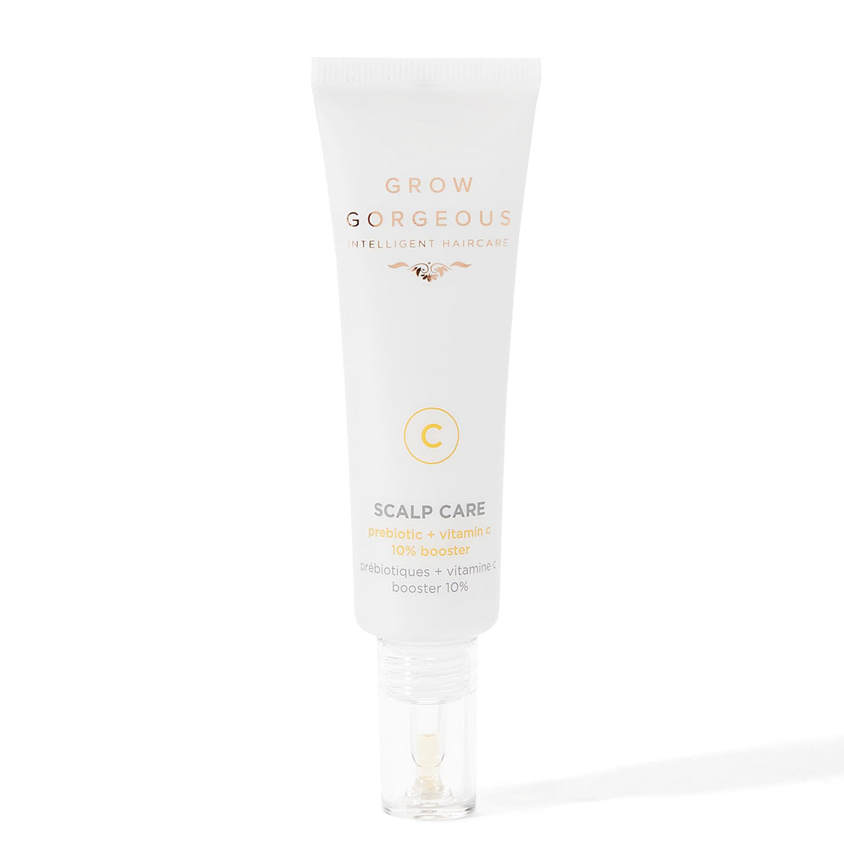 Grow Gorgeous scalp booster front packaging showing bottle and label for energizing scalp care