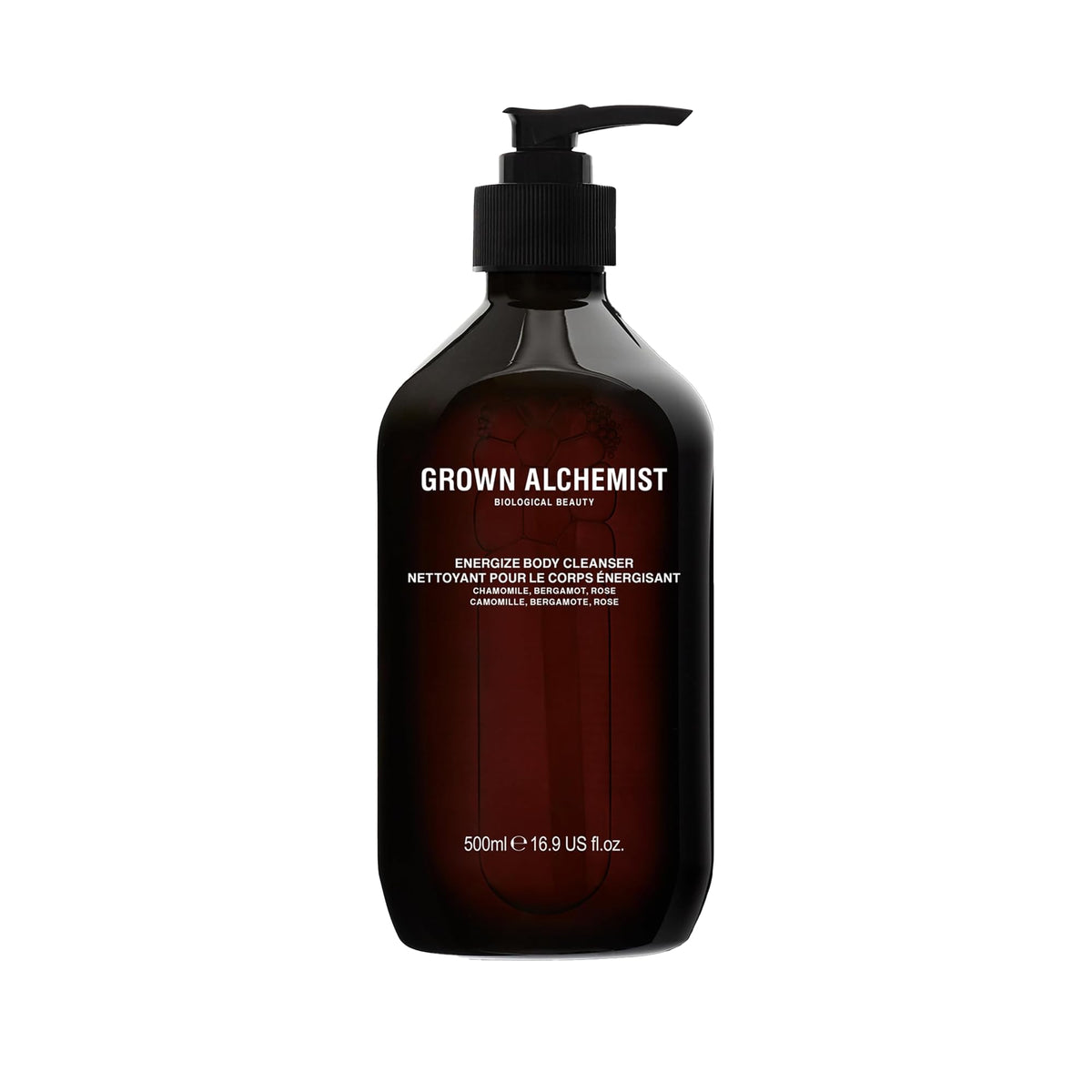 Grown Alchemist Energize Body Cleanser bottle pouring for a refreshing cleanse.