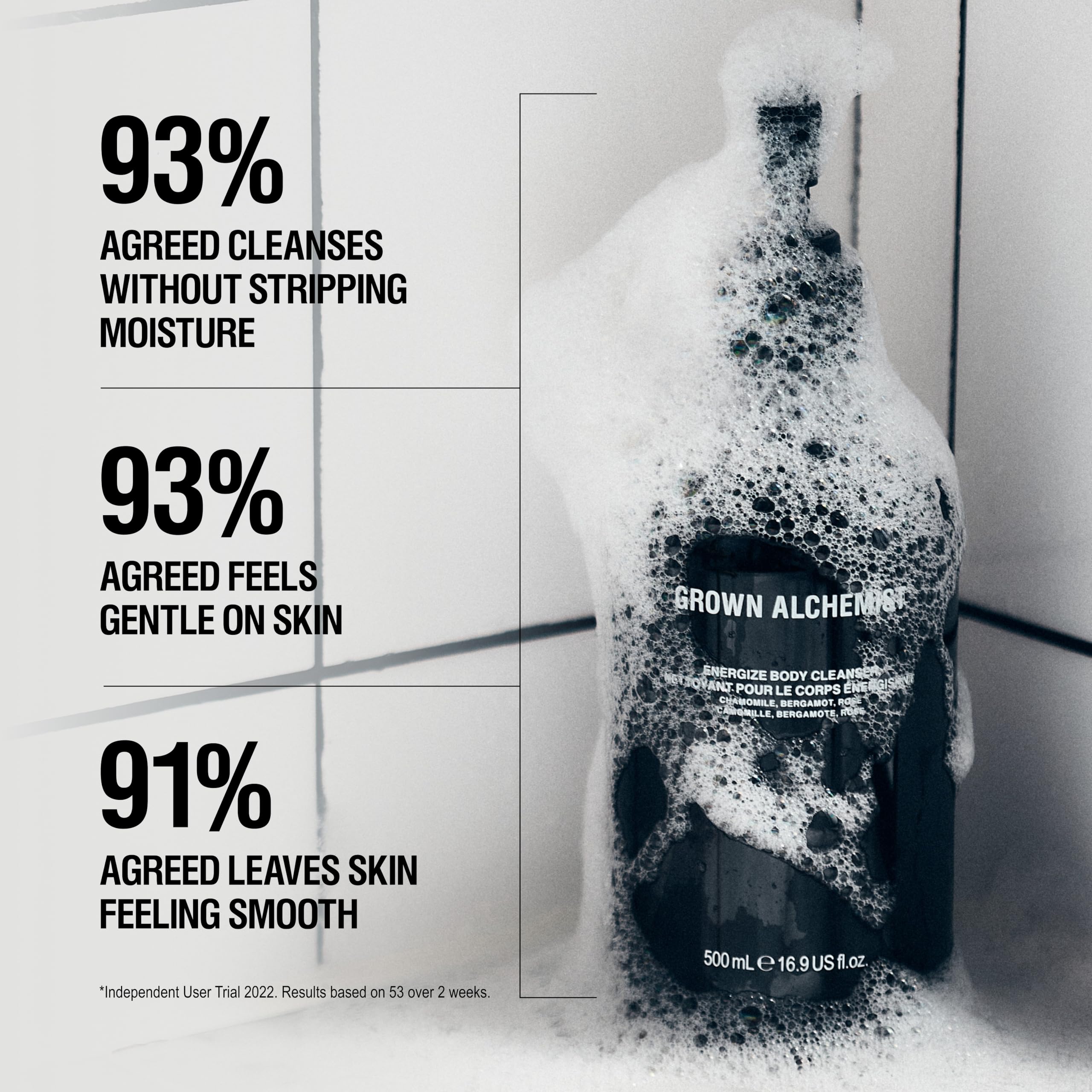 Grown Alchemist Energize Body Cleanser ingredients chamomile bergamot rosewood highlighted.